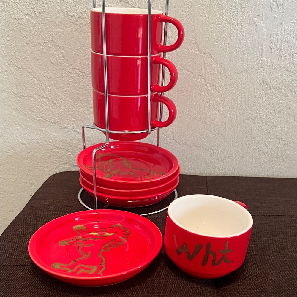 # 0493- Red WHT Art Stacking Mug and Saucer Set. Designed By Julie Lee Nersinger